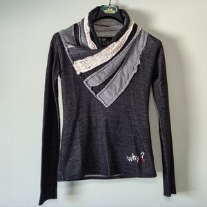 Desigual Charcoal Grey Scarf Style Sweater With Lace Details -Boho Sz Small